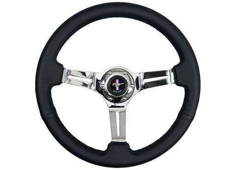 1965-1967 Ford Mustang Steering Wheel Kit Black Leather Chrome Spoke Running Pony